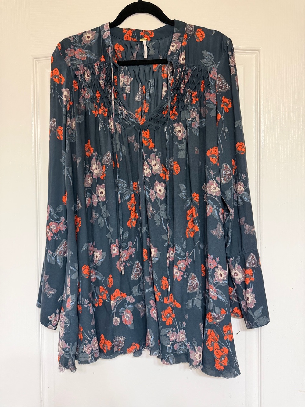 Free People Floral Butterfly Tunic Mini Dress Large Slate Smocked Boho Romantic